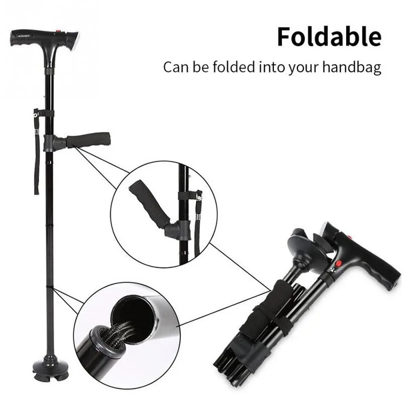 Collapsible Telescopic Folding Cane – Walking Stick with LED Light & Alarm