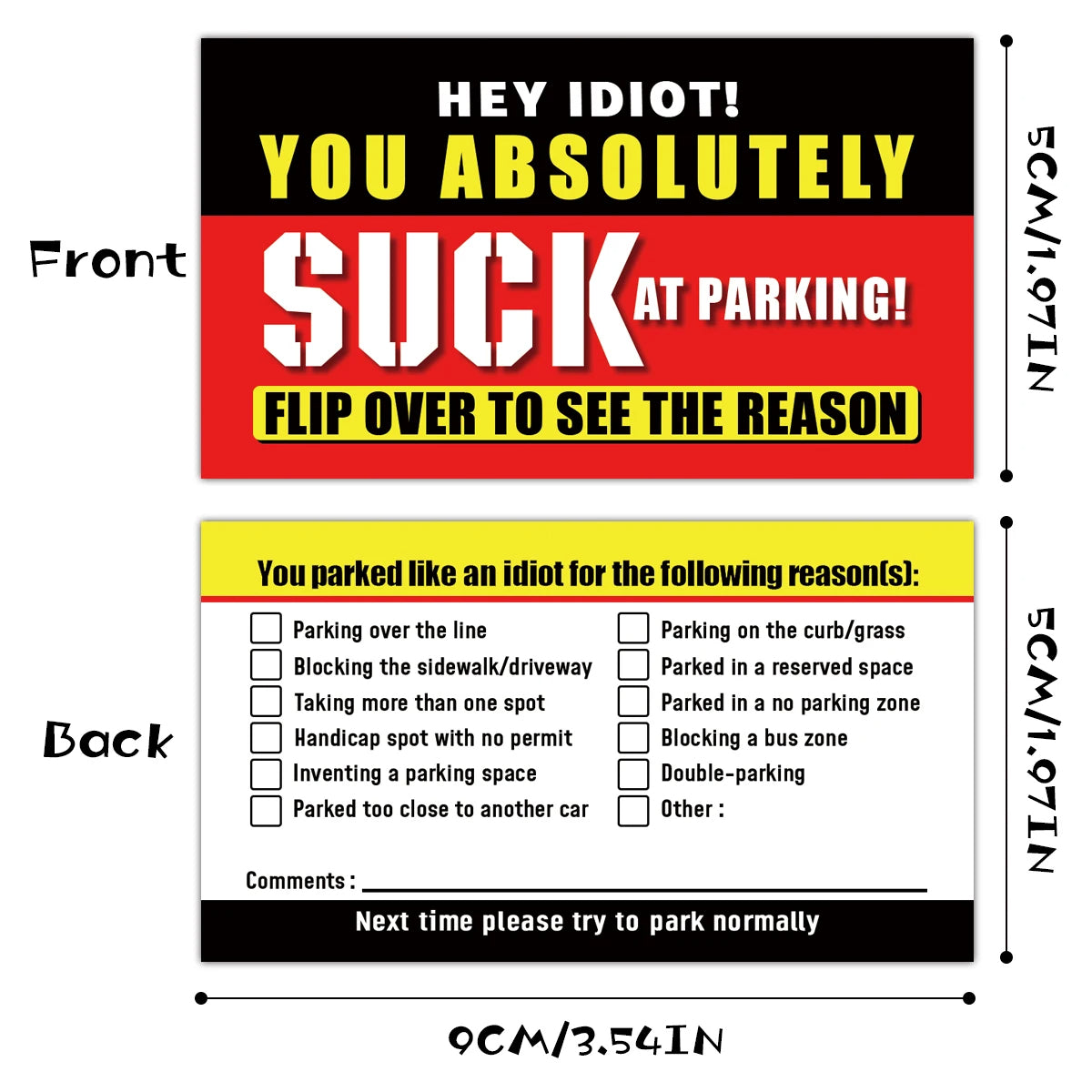 You Parked Like An Idiot” Business Cards – Funny Parking Violation Cards (50 Pack)