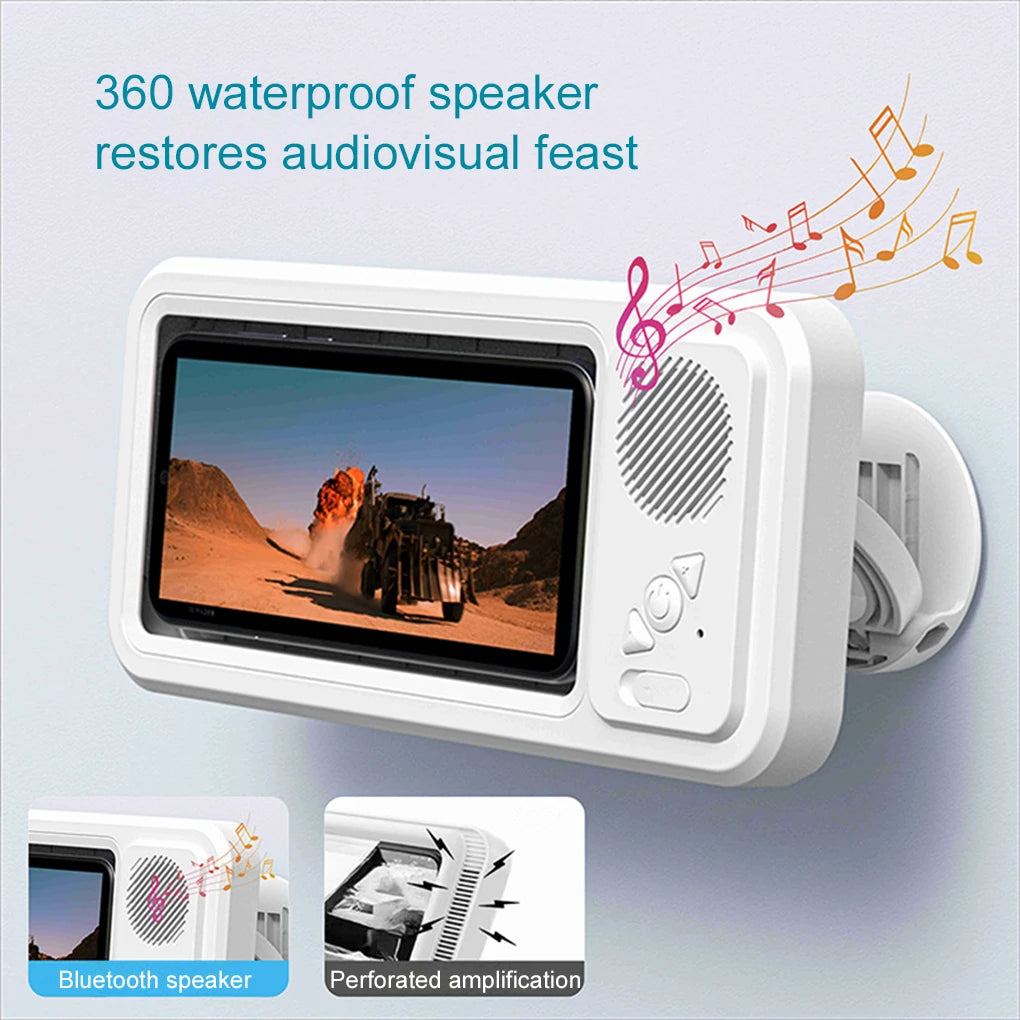 Shower Phone Holder with Bluetooth Speaker – Waterproof Wall Mount for Music & Videos