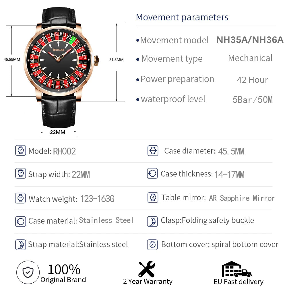 Las Vegas Roulette Mechanical Watch – NH35 Automatic Casino Dial Timepiece