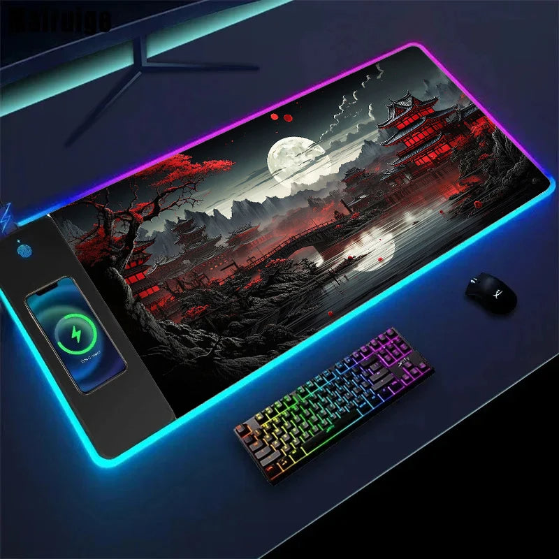 Wireless Charging Sakura Game Mouse Pad – XXL Gaming Desk Mat with Charger