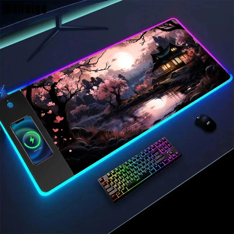 Wireless Charging Sakura Game Mouse Pad – XXL Gaming Desk Mat with Charger
