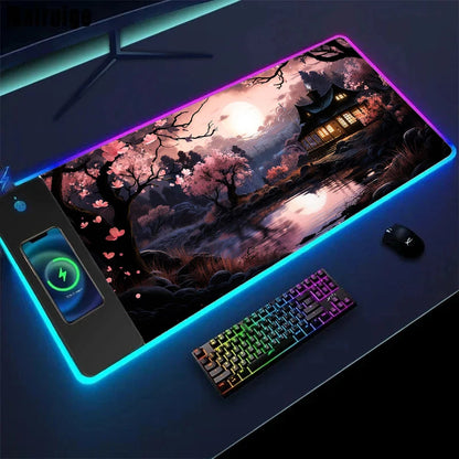 Wireless Charging Sakura Game Mouse Pad – XXL Gaming Desk Mat with Charger