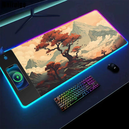 Wireless Charging Sakura Game Mouse Pad – XXL Gaming Desk Mat with Charger