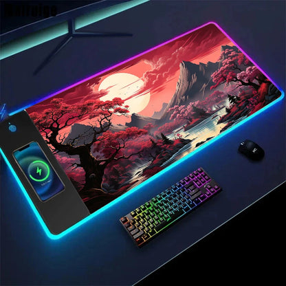 Wireless Charging Sakura Game Mouse Pad – XXL Gaming Desk Mat with Charger