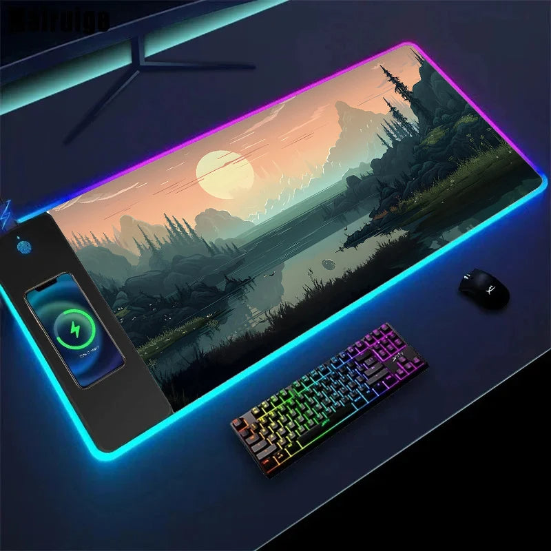 Wireless Charging Sakura Game Mouse Pad – XXL Gaming Desk Mat with Charger