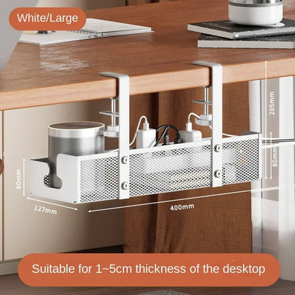 No-drill under-desk cord rack: metal mesh, high-load cable holder.
