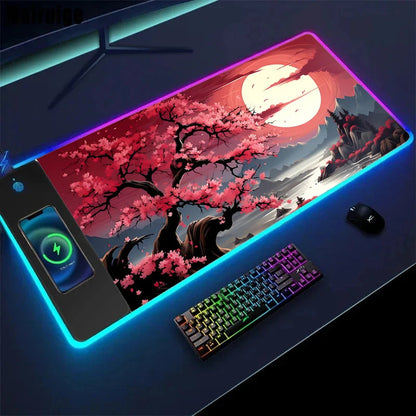 Wireless Charging Sakura Game Mouse Pad – XXL Gaming Desk Mat with Charger