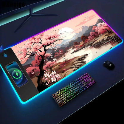 Wireless Charging Sakura Game Mouse Pad – XXL Gaming Desk Mat with Charger