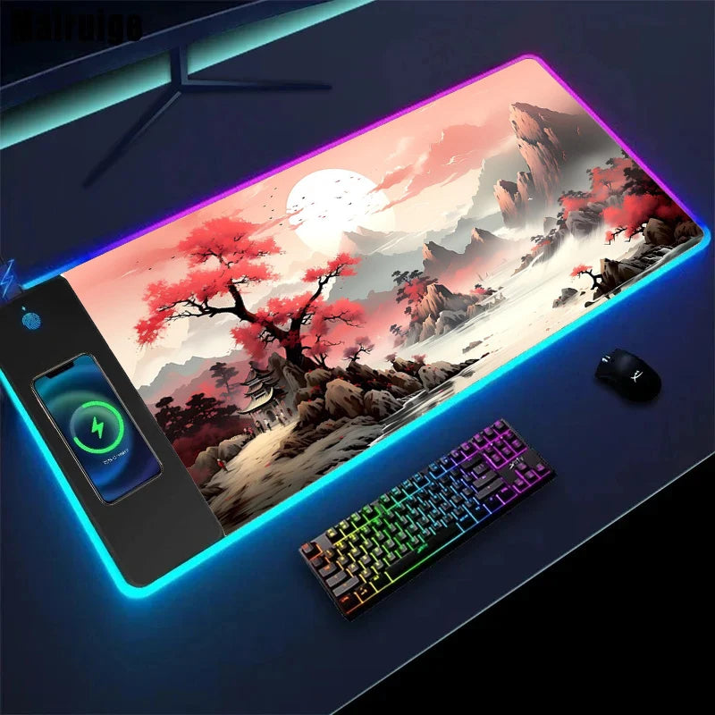 Wireless Charging Sakura Game Mouse Pad – XXL Gaming Desk Mat with Charger