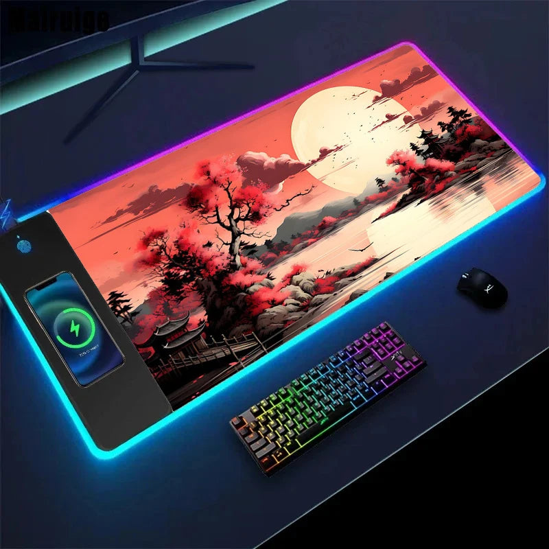 Wireless Charging Sakura Game Mouse Pad – XXL Gaming Desk Mat with Charger